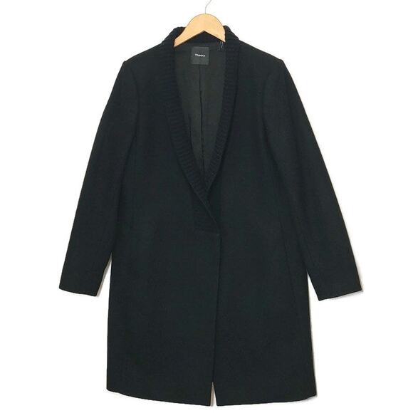 Theory Wool Cashmere Shawl Collar Single Breasted Mid Length Black Coat Size L - Picture 16 of 16